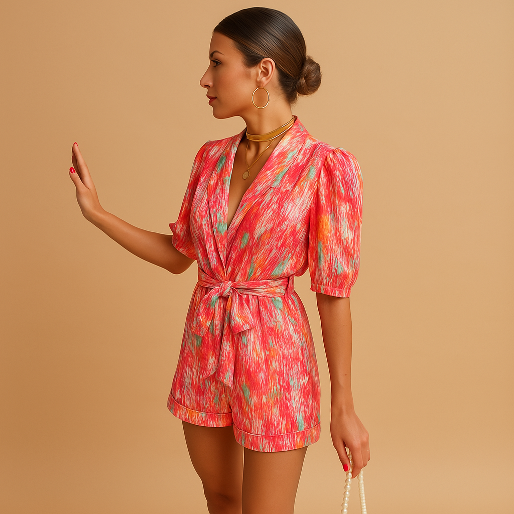 Short Printed Jumpsuit for Women Lightweight Belted Fit Summer Casual Wear
