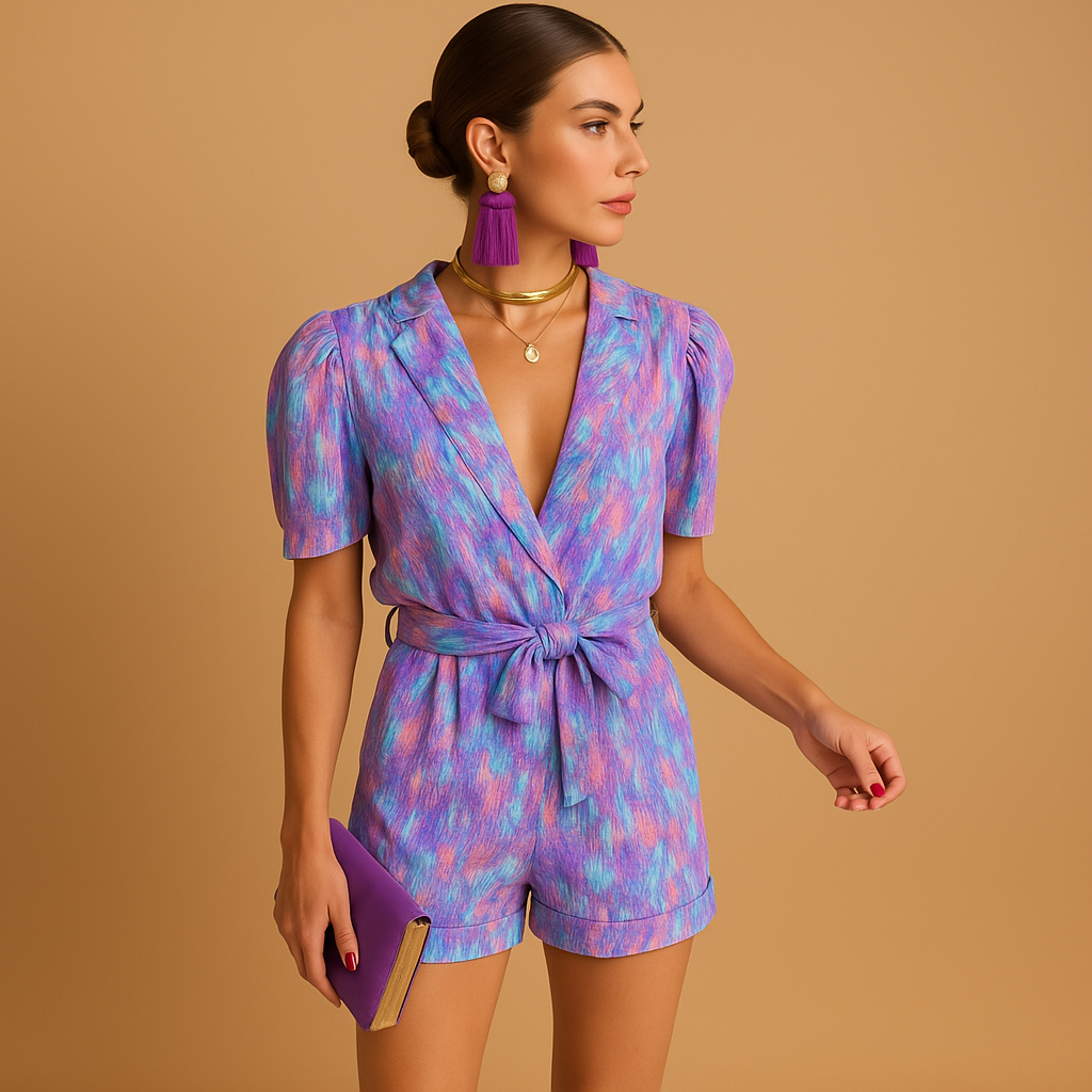 Short Printed Jumpsuit for Women Lightweight Belted Fit Summer Casual Wear