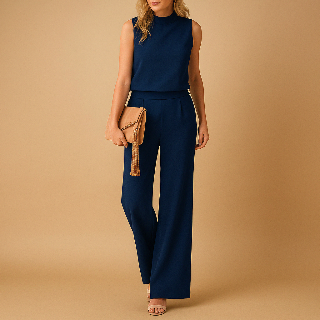 Wide Leg Jumpsuit for Women Mid Waist Round Neck Elegant Versatile Wear
