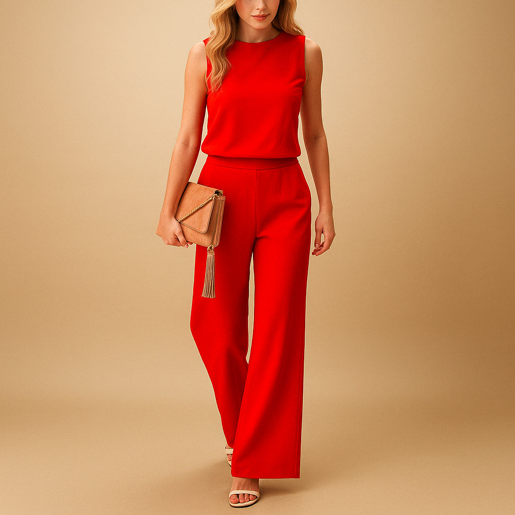 Wide Leg Jumpsuit for Women Mid Waist Round Neck Elegant Versatile Wear