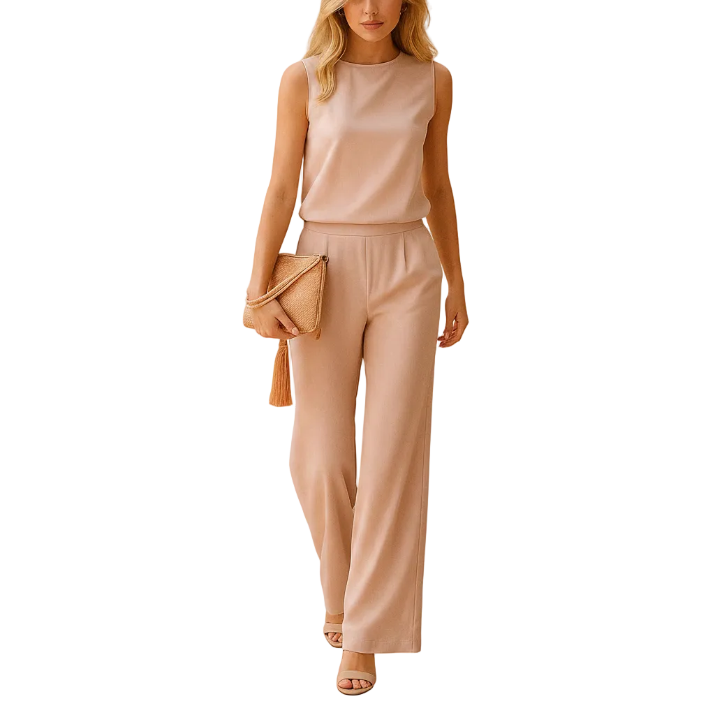 Wide Leg Jumpsuit for Women Mid Waist Round Neck Elegant Versatile Wear